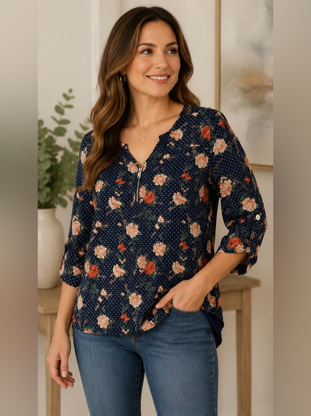 Janet Chung Floral Polka Dot Zip Blouse Navy 3/4 Sleeve Women’s Large